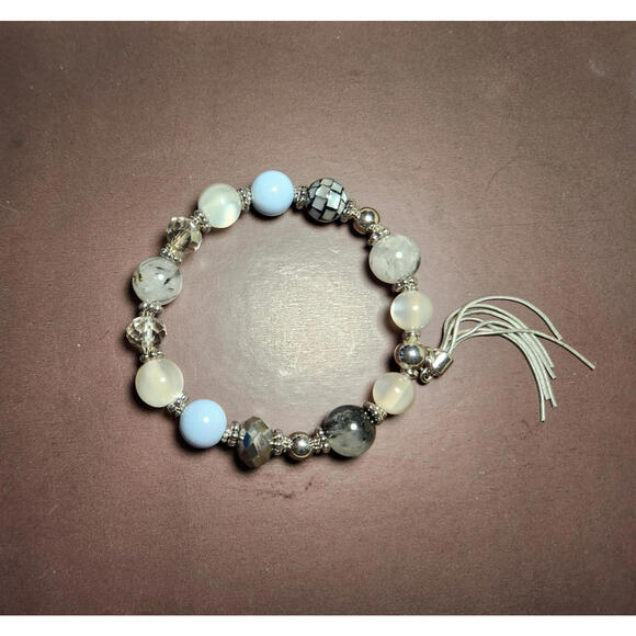 Jewelry - Vintage Costume Jewelry Stretch Bracelet with white blue silver beads & tassel